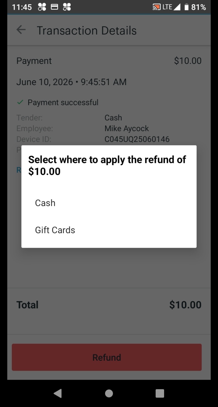 Refund payment application screen showing Cash and Credit options.